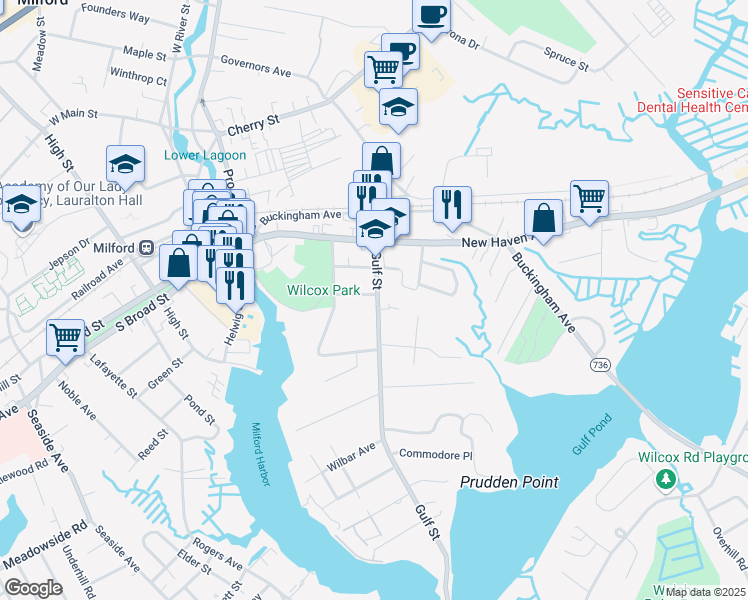 map of restaurants, bars, coffee shops, grocery stores, and more near 169 Gulf Street in Milford