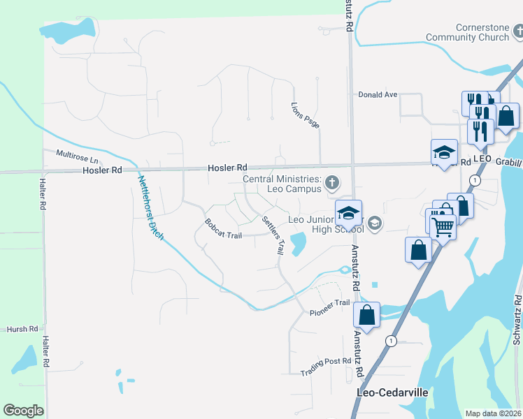 map of restaurants, bars, coffee shops, grocery stores, and more near 14711 Trappers Cove in Leo
