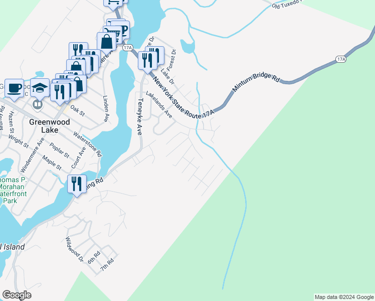 map of restaurants, bars, coffee shops, grocery stores, and more near 17 Main Drive in Greenwood Lake
