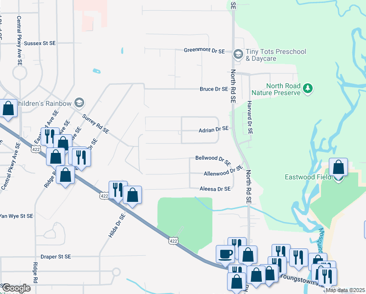 map of restaurants, bars, coffee shops, grocery stores, and more near 3924 Jeanette Drive Southeast in Warren