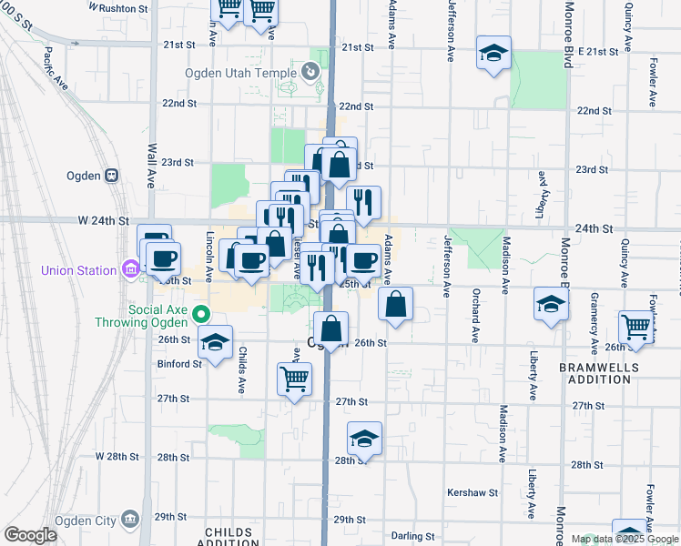 map of restaurants, bars, coffee shops, grocery stores, and more near 2446 Washington Boulevard in Ogden