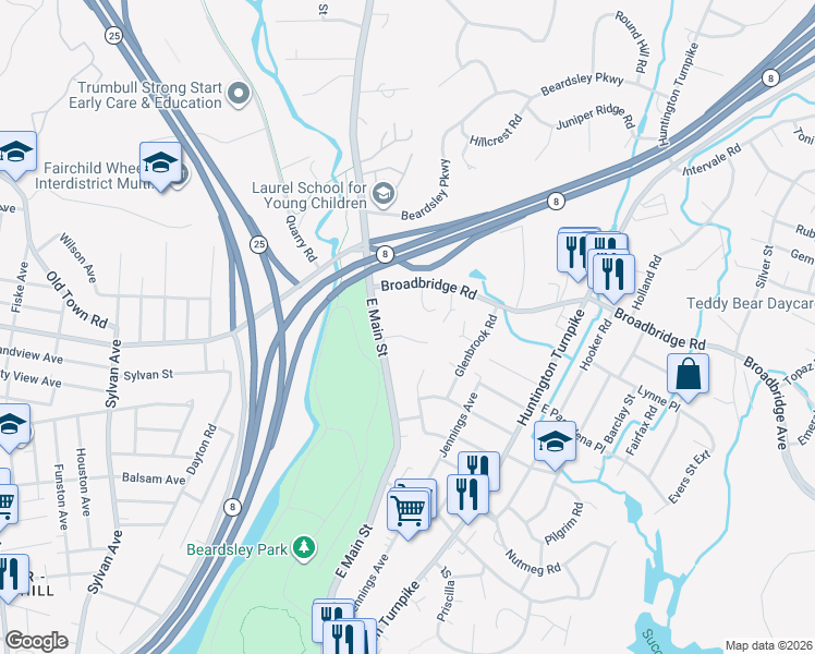 map of restaurants, bars, coffee shops, grocery stores, and more near 49 Trojan Drive in Bridgeport