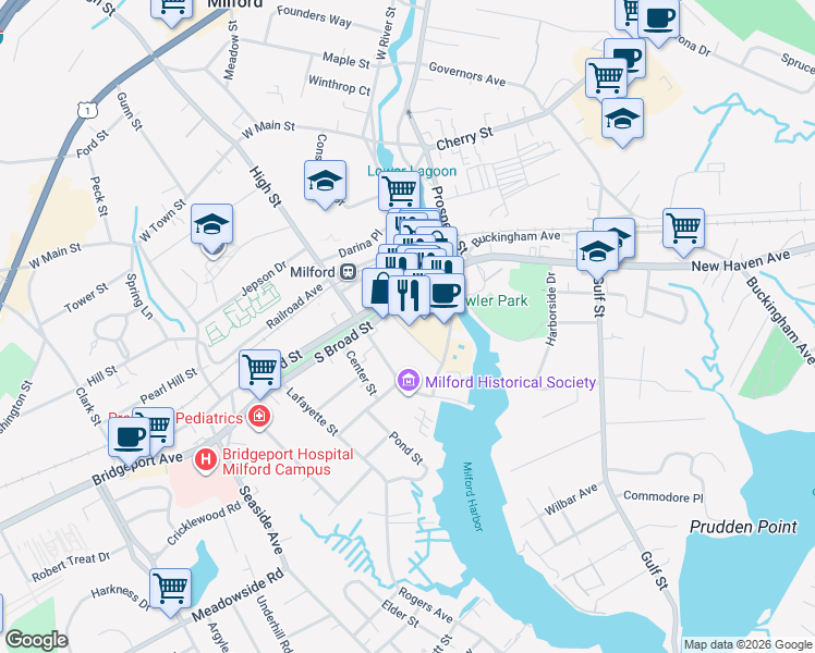 map of restaurants, bars, coffee shops, grocery stores, and more near 50 Broad Street in Milford