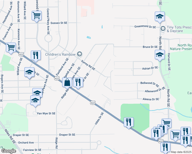 map of restaurants, bars, coffee shops, grocery stores, and more near 1302 Roseway Avenue Southeast in Warren
