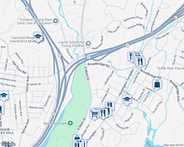 map of restaurants, bars, coffee shops, grocery stores, and more near 49 Trojan Drive in Bridgeport