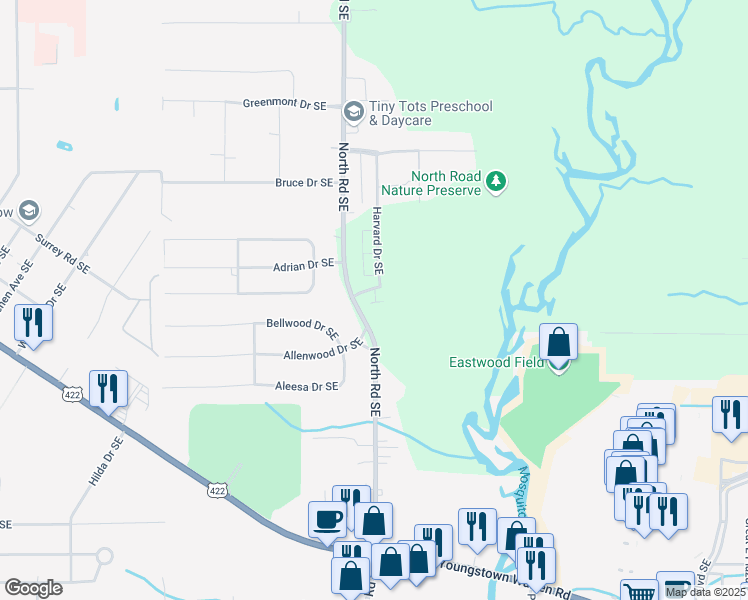 map of restaurants, bars, coffee shops, grocery stores, and more near 4244 Candlelight Drive Southeast in Warren