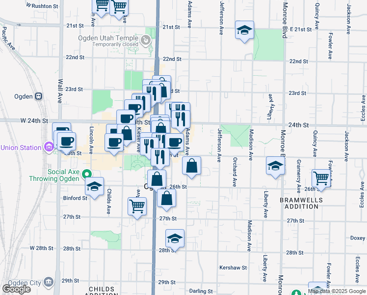 map of restaurants, bars, coffee shops, grocery stores, and more near 2444 Adams Avenue in Ogden