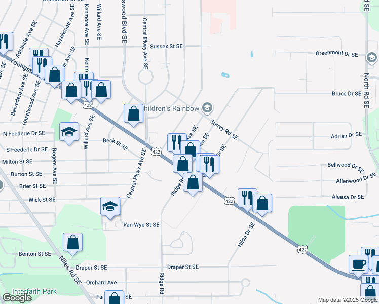 map of restaurants, bars, coffee shops, grocery stores, and more near 1523 Edgehill Avenue Southeast in Warren