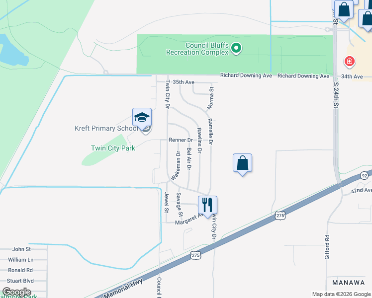 map of restaurants, bars, coffee shops, grocery stores, and more near 3001 Renner Drive in Council Bluffs