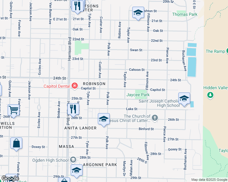 map of restaurants, bars, coffee shops, grocery stores, and more near 1425 Capitol Street in Ogden