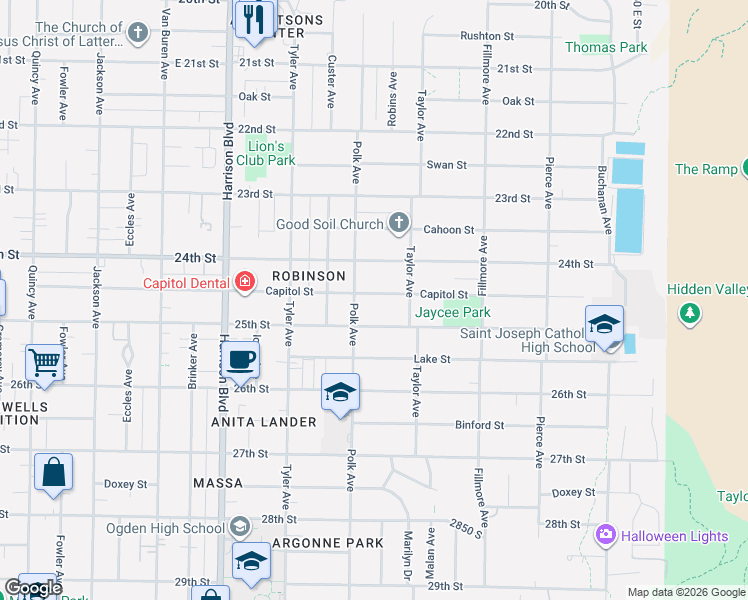 map of restaurants, bars, coffee shops, grocery stores, and more near 1425 Capitol Street in Ogden