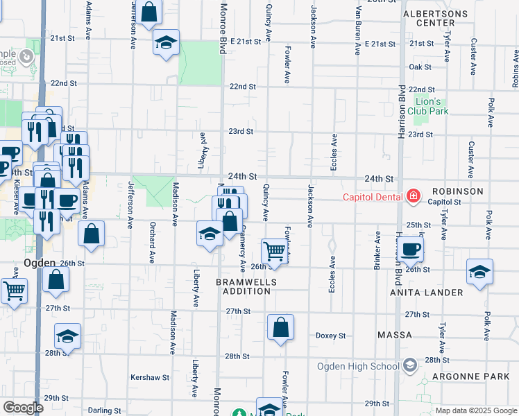 map of restaurants, bars, coffee shops, grocery stores, and more near 2459 Quincy Avenue in Ogden