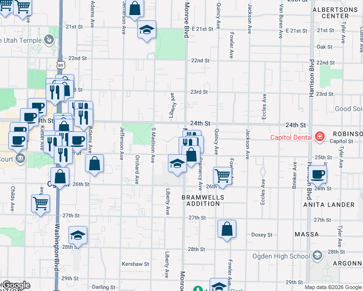map of restaurants, bars, coffee shops, grocery stores, and more near 2445 Monroe Boulevard in Ogden