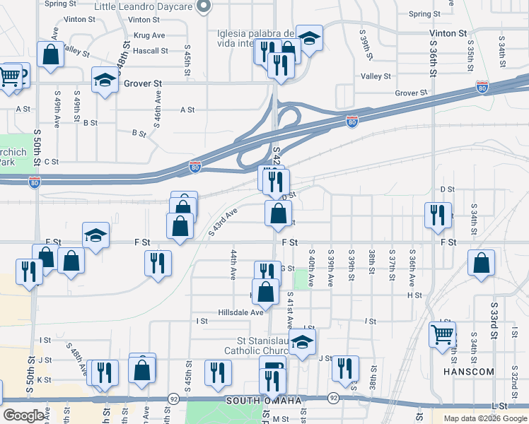 map of restaurants, bars, coffee shops, grocery stores, and more near in Omaha