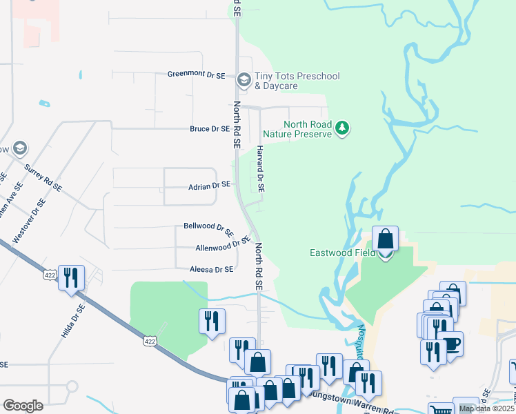 map of restaurants, bars, coffee shops, grocery stores, and more near 4244 Candlelight Drive Southeast in Warren