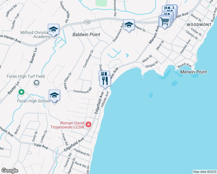 map of restaurants, bars, coffee shops, grocery stores, and more near 15 Merwin Avenue in Milford