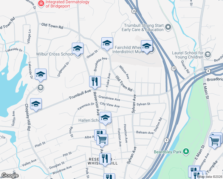 map of restaurants, bars, coffee shops, grocery stores, and more near 83 Voight Avenue in Bridgeport