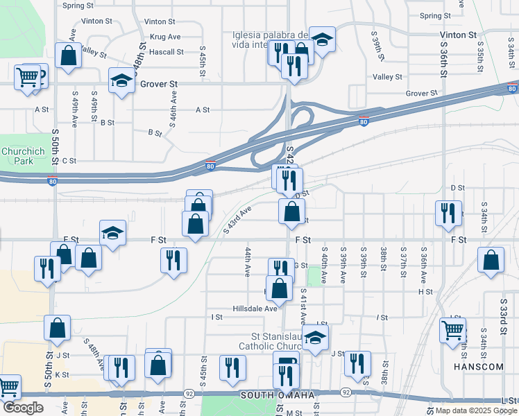 map of restaurants, bars, coffee shops, grocery stores, and more near 4247 South 43rd Avenue in Omaha