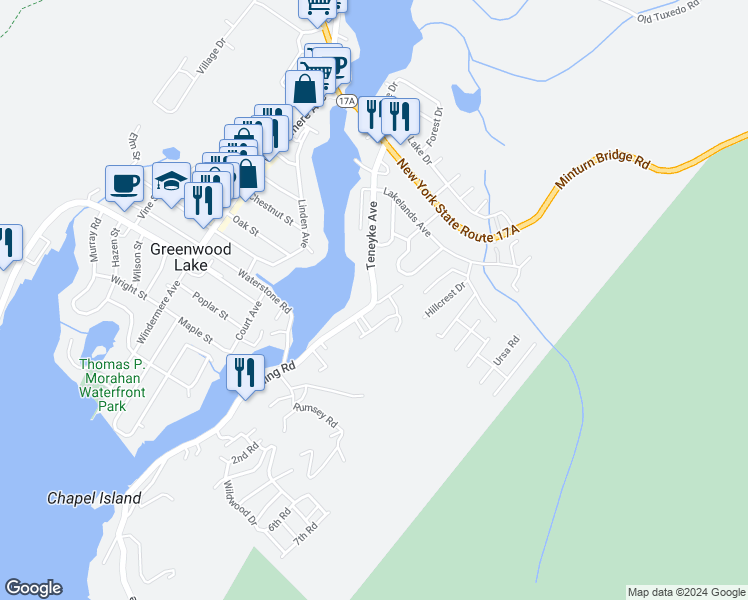map of restaurants, bars, coffee shops, grocery stores, and more near 11 Teneyck Avenue in Greenwood Lake