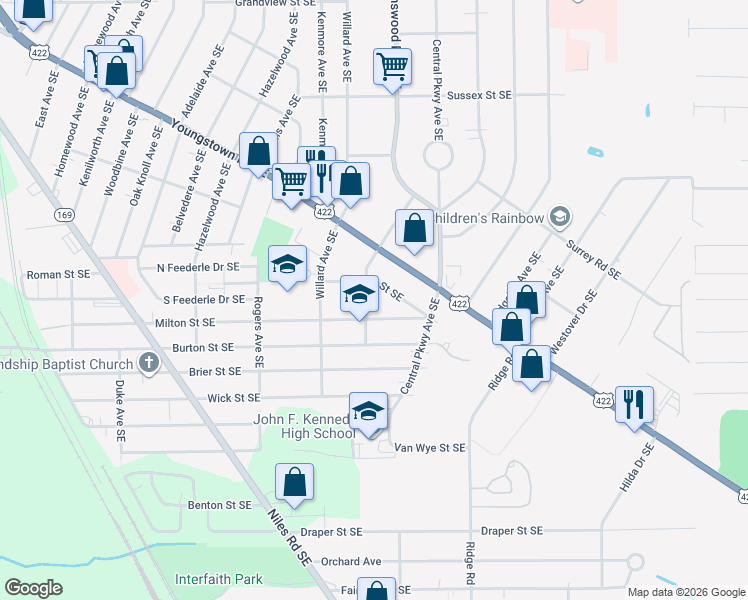 map of restaurants, bars, coffee shops, grocery stores, and more near 2726 Beck Street Southeast in Warren