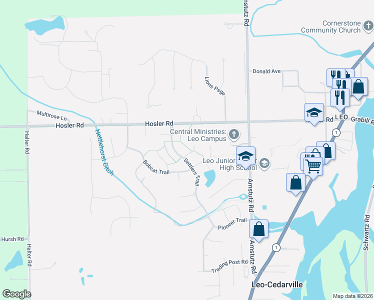 map of restaurants, bars, coffee shops, grocery stores, and more near 14711 Trappers Cove in Leo