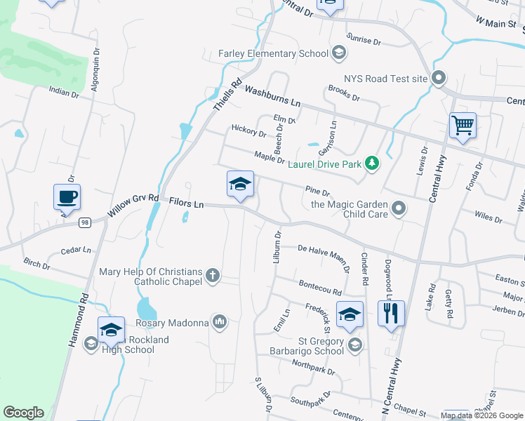 map of restaurants, bars, coffee shops, grocery stores, and more near 8 Rosewood Drive in Stony Point