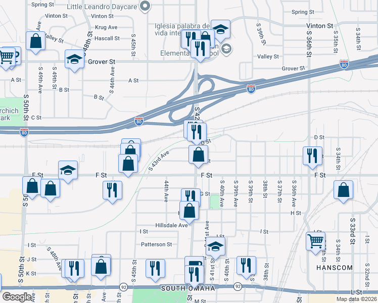 map of restaurants, bars, coffee shops, grocery stores, and more near in Omaha