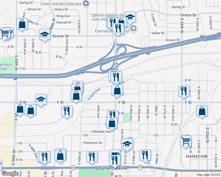 map of restaurants, bars, coffee shops, grocery stores, and more near in Omaha