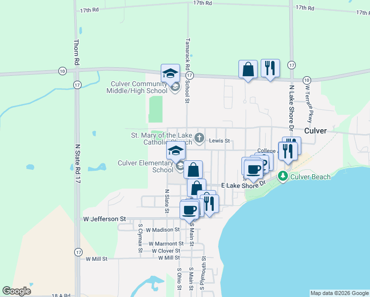 map of restaurants, bars, coffee shops, grocery stores, and more near 500 School Street in Culver