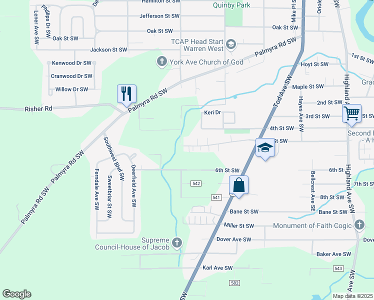 map of restaurants, bars, coffee shops, grocery stores, and more near 1467 5th Street Southwest in Warren