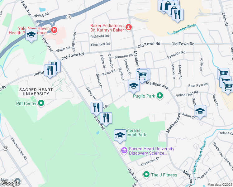 map of restaurants, bars, coffee shops, grocery stores, and more near 27 Donald Court in Bridgeport