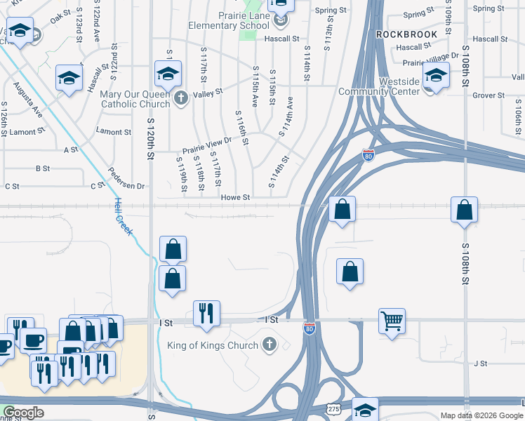 map of restaurants, bars, coffee shops, grocery stores, and more near 11475 Up Railroad in Omaha