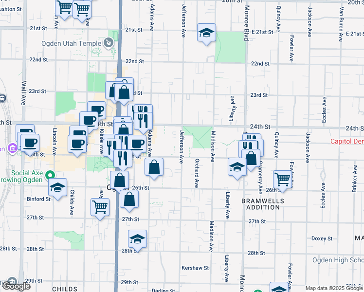 map of restaurants, bars, coffee shops, grocery stores, and more near 2464 Jefferson Avenue in Ogden