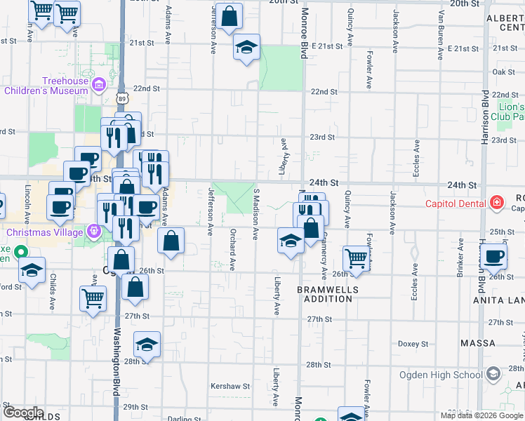map of restaurants, bars, coffee shops, grocery stores, and more near 2452 Madison Avenue in Ogden