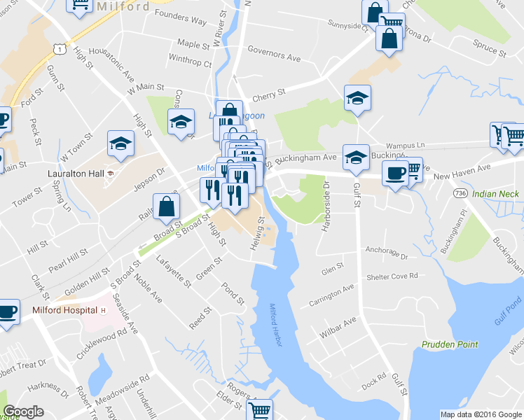 map of restaurants, bars, coffee shops, grocery stores, and more near 1 Schooner Lane in Milford
