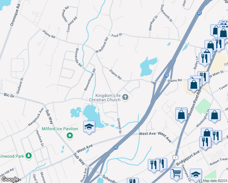 map of restaurants, bars, coffee shops, grocery stores, and more near 155 Grinnell Street in Milford