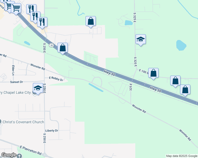 map of restaurants, bars, coffee shops, grocery stores, and more near 2939 East Joshua Drive in Warsaw