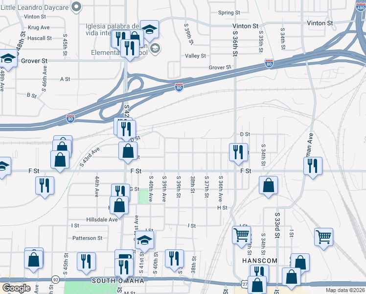 map of restaurants, bars, coffee shops, grocery stores, and more near 3952 South 39th Street in Omaha