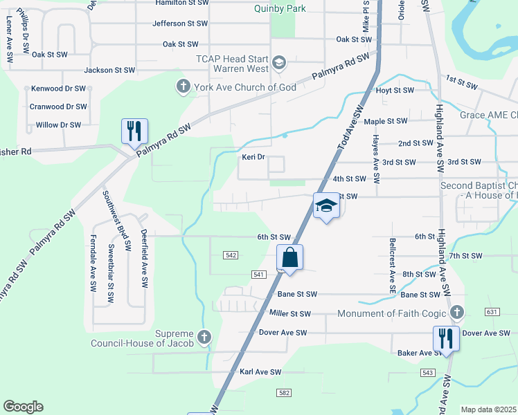 map of restaurants, bars, coffee shops, grocery stores, and more near 1321 5th Street Southwest in Warren