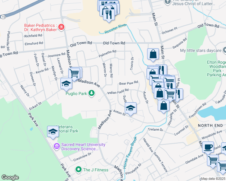map of restaurants, bars, coffee shops, grocery stores, and more near 248 Indian Field Road in Bridgeport