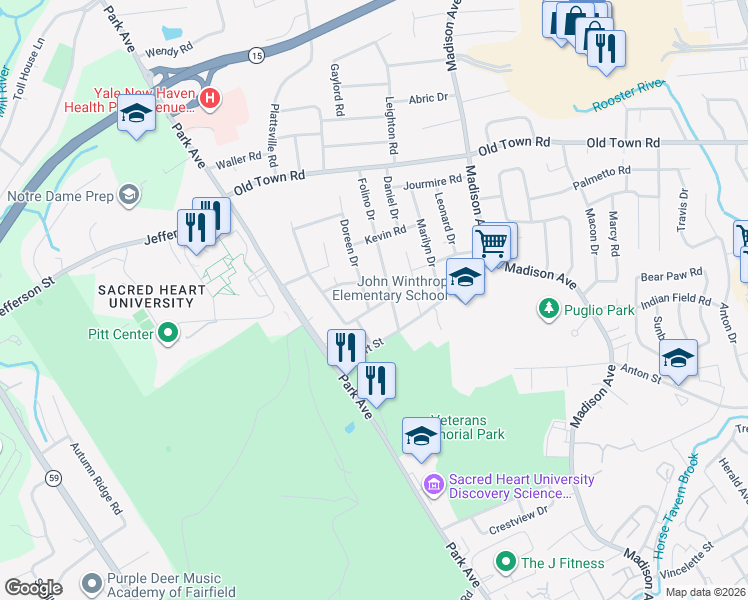 map of restaurants, bars, coffee shops, grocery stores, and more near 38 Nancy Drive in Bridgeport