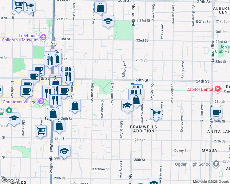 map of restaurants, bars, coffee shops, grocery stores, and more near 2452 Madison Avenue in Ogden