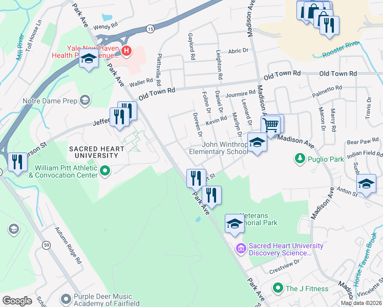 map of restaurants, bars, coffee shops, grocery stores, and more near 180 Nancy Drive in Bridgeport