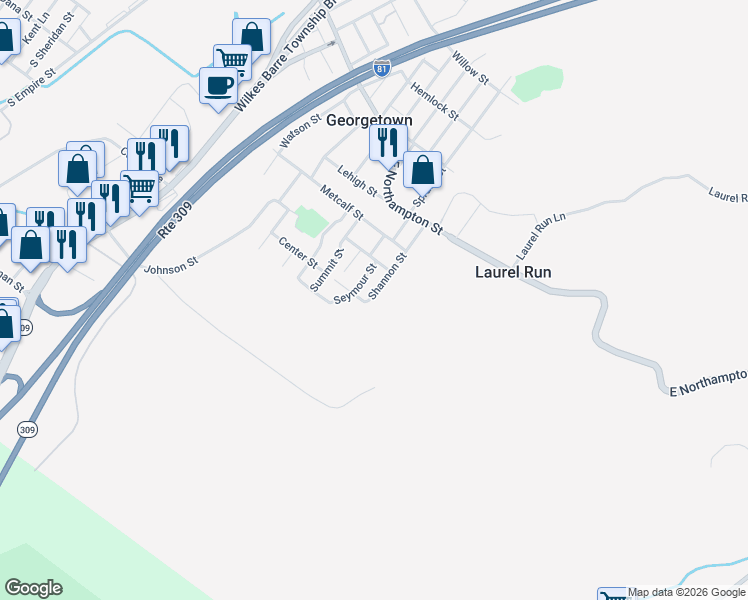 map of restaurants, bars, coffee shops, grocery stores, and more near 33 Shannon St in Wilkes-Barre
