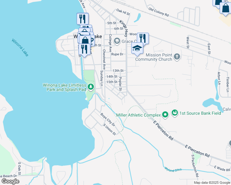 map of restaurants, bars, coffee shops, grocery stores, and more near 207 Mineral Springs Ave in Winona Lake