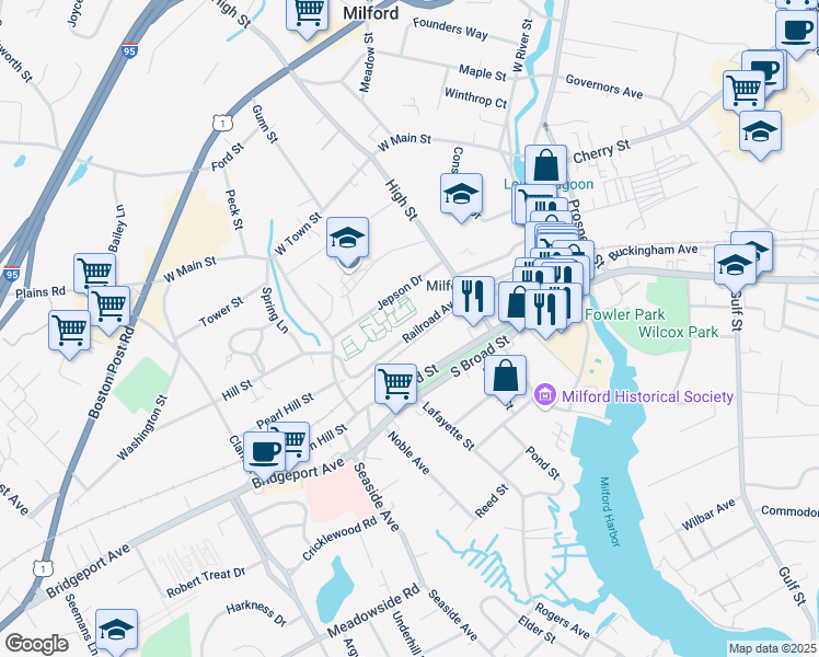 map of restaurants, bars, coffee shops, grocery stores, and more near 33 Railroad Avenue in Milford