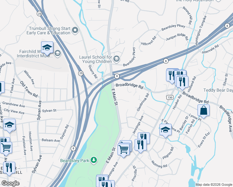 map of restaurants, bars, coffee shops, grocery stores, and more near 49 Trojan Drive in Bridgeport