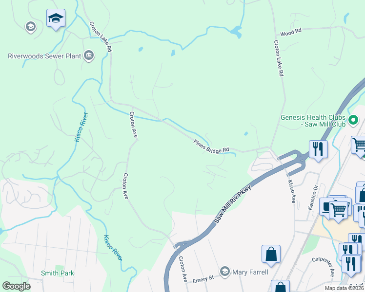 map of restaurants, bars, coffee shops, grocery stores, and more near 90 Pines Bridge Road in Mount Kisco
