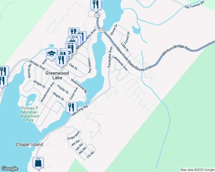 map of restaurants, bars, coffee shops, grocery stores, and more near 11 Teneyck Avenue in Greenwood Lake