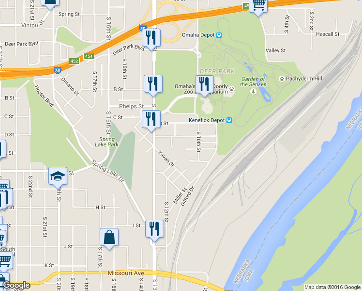 map of restaurants, bars, coffee shops, grocery stores, and more near 1032 Homer Street in Omaha
